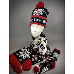 Miller Light Beer Knit Holiday Scarf Hat & Socks Ugly Christmas Sweater Theme